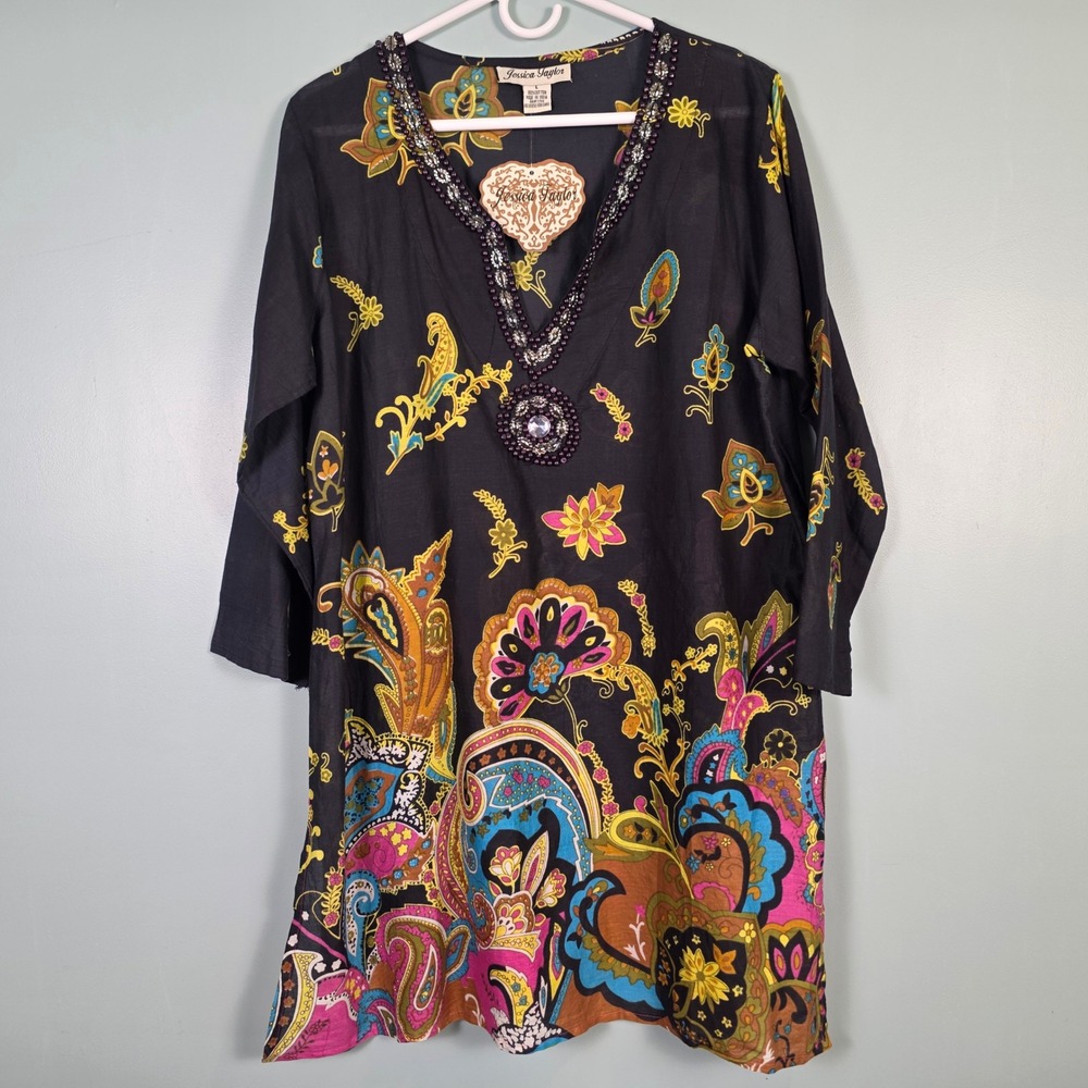 Jessica Taylor Women Black Paisley Beaded V-Neck Cotton Tunic Top 2825 Large NEW